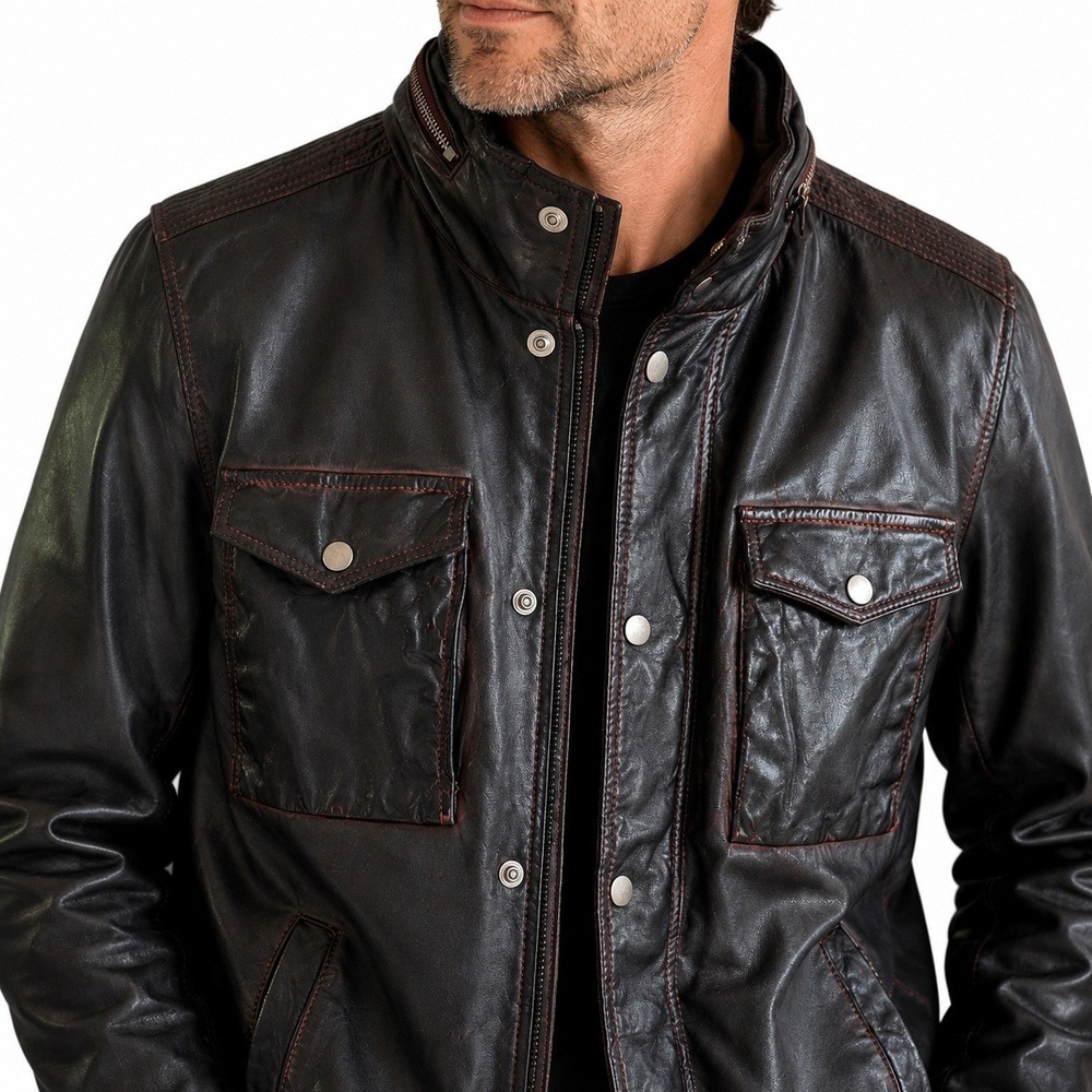 Diesel Mens Dark Brown Leather Moto Jacket Red Contrast Stitching Snap Front Med